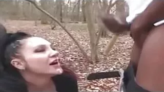pretty brunette  huge breasts sucks  men in  forest