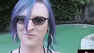alt amateur transsexual tugging her cock by the pool