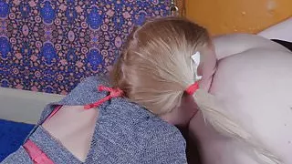 Sweet blond fucked in face, eats ass, and fed cum from feet