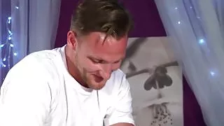 Brunette babe with natural tits gets massaged and fucked