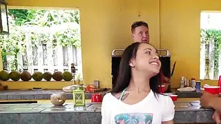 Teen babe rides old mans cock outdoors