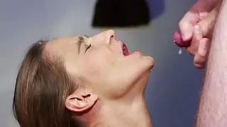 Costumed party babe cumsprayed after blowjob