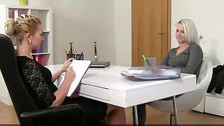 Lesbian casting agent sitting on clients face