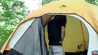 Horny long hair twink Devin Reynolds jacking cock outdoors