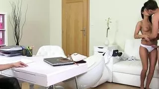 Couple fuck while casting agent rubs pussy