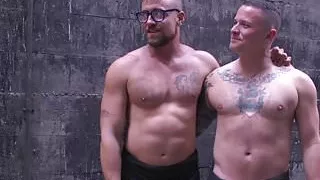 Tied sub restrained outdoors for cocksucking