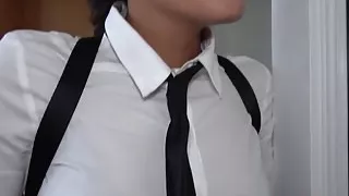Lesbea School uniform girl strap on fucked by big tits maid