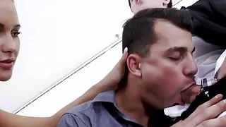 Office studs engage in a wild bi threesome with classy babe