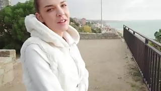 Russian babe flashes her great naturals before public sex