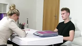 Blonde female agent pussyfucked by client