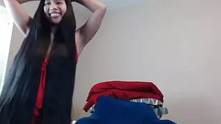 Cute Long Haired Asian Striptease and Hairplay