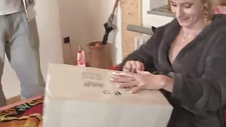 Delivery guys share small-titted blonde woman