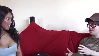 Ebony babe is an expert cocksucker for nerd boy