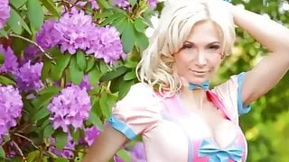 Susan Wayland in cream & pink latex dress