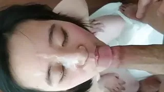 naughty asian girlfriend  blows cock and gets a gooey facial