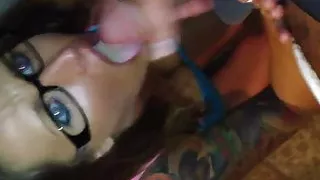 Eyelid, tattooed little wife makes a chic blowjob to her hus