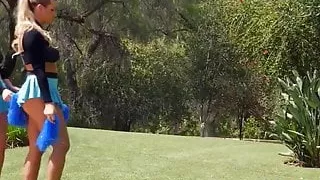 Busty cheerleader strips for 69 on the couch