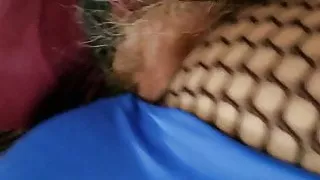 Back view fishnet tights blue leotard