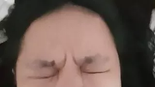 new submissive, cum on face while gagging ball