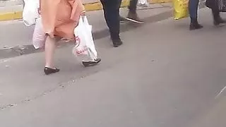 big tits with her husband on the street