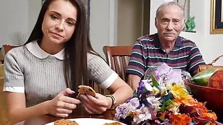 Cute and horny teen slut rides an old dick like a pro