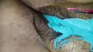 Stuffing panties in phat hairy pussy