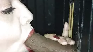 Rae Lynn sucking cock through a glory hole