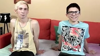 Young man with glasses smashed from behind by a skinny twink