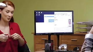 Redhaired babe shows off big tits before office hammering