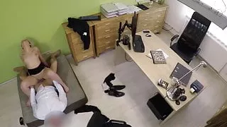 Busty short haired babe bounces on loan agent dick wildly