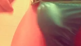 Playing with my bulge in a tiny blue satin man thong