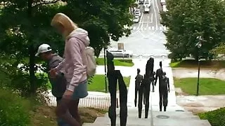 Blonde hottie picked up and rammed outdoors