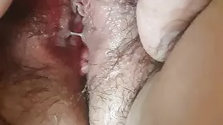 Brit wife shows her creamy hairy pussy