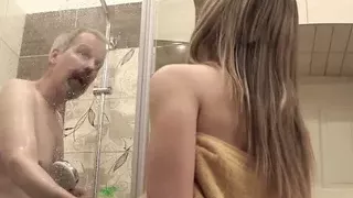Horny niece finds  uncle in the shower and fucks him hard
