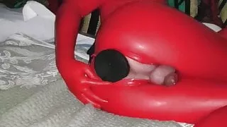 Like a rubberdoll in chastity, huge plug and heels