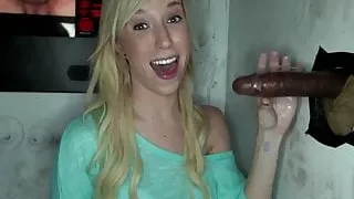 Cute Blonde chugs glory hole dicks down
