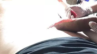 Brazilian Waxing of a big Dick  Part 4 Waxing the Shaft unde