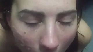 Slut sucks in the elevator and gets cum in the face