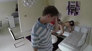 tourist let tricky man stretch girlfriend  all over couch