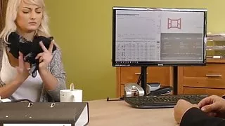 Blonde angel gives her nice shaved pussy to strange agent