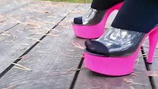 Lady L walking with pink mules.