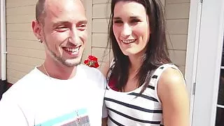 Tattooed girlfriend in fishnets gags on cock