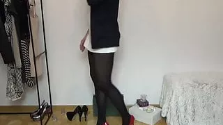 White dress Black nylon High heels