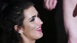 Cuffed uk babe in fishnetx sucks til facial