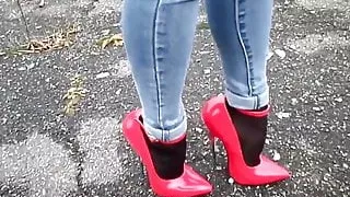 Walking in extreme heels and jeans