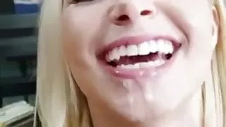 Sexy blond sucks out a big load of cum