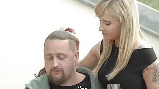 Comely girl enjoys unexpected sex with her man's bald step dad