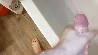 Stroking in shower cumshot