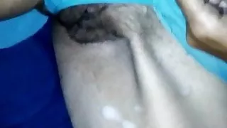 Wanking and Cummings on sexy wife in Blue lingerie