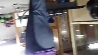 front of step mom in sexy grey yoga pants